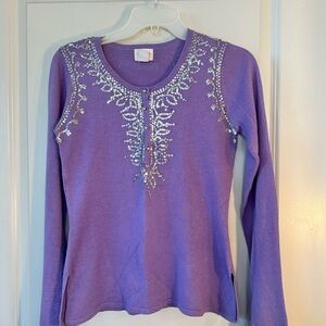 Central Park West Purple Cashmere & Silk Beaded Sequin 1/4 Button Sweater, M